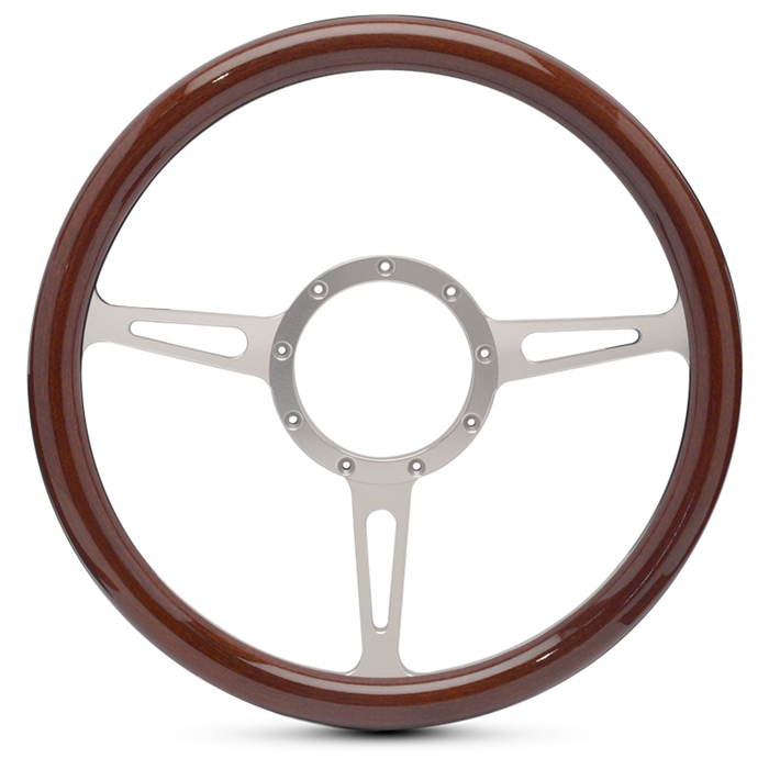 Classic Billet Steering Wheel 13-1/2" Clear Anodized Spokes/Woodgrain Grip
