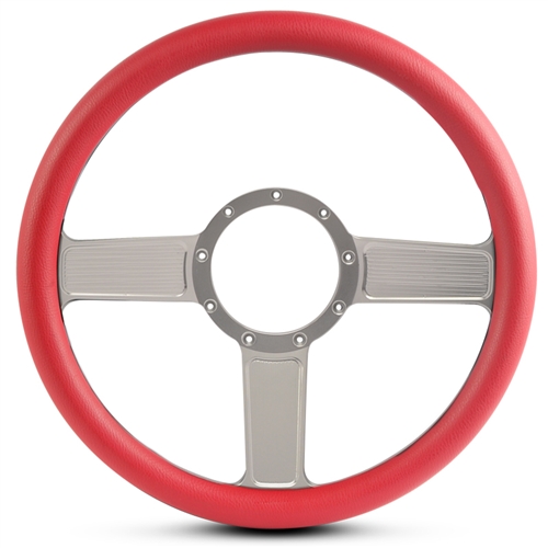 Linear Billet Steering Wheel 13-1/2" Clear Anodized Spokes/Red Grip
