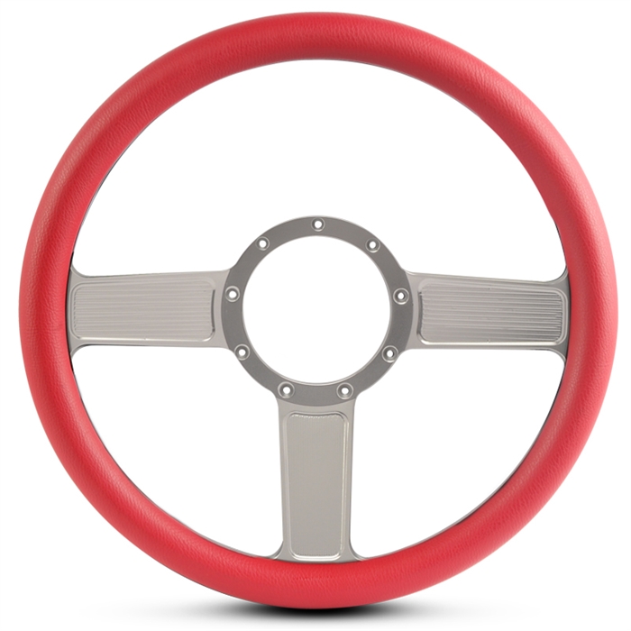 Linear Billet Steering Wheel 13-1/2" Clear Anodized Spokes/Red Grip