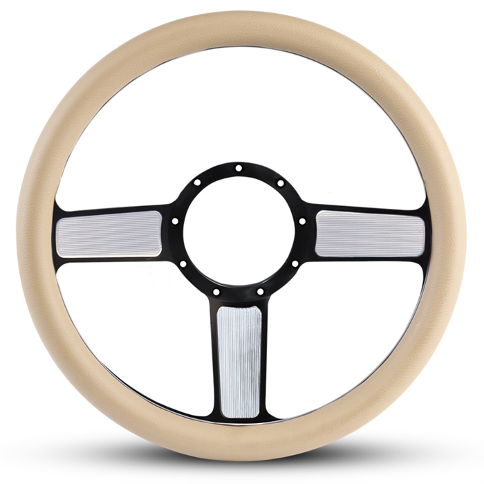Linear Billet Steering Wheel 13-1/2" Black Spokes with Machined Highlights/Tan Grip