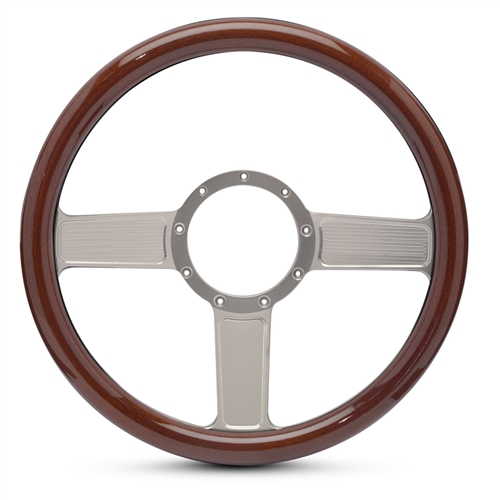 Linear Billet Steering Wheel 13-1/2" Clear Anodized Spokes/Woodgrain Grip