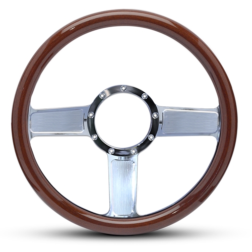 Linear Billet Steering Wheel 13-1/2" Clear Coat Spokes/Woodgrain Grip