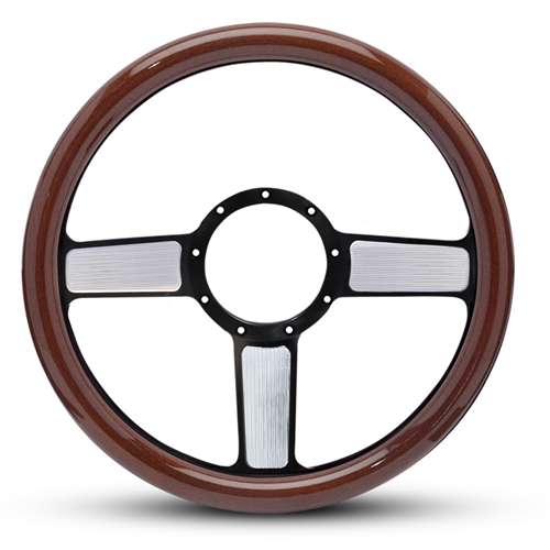 Linear Billet Steering Wheel 13-1/2" Black Spokes with Machined Highlights/Woodgrain Grip