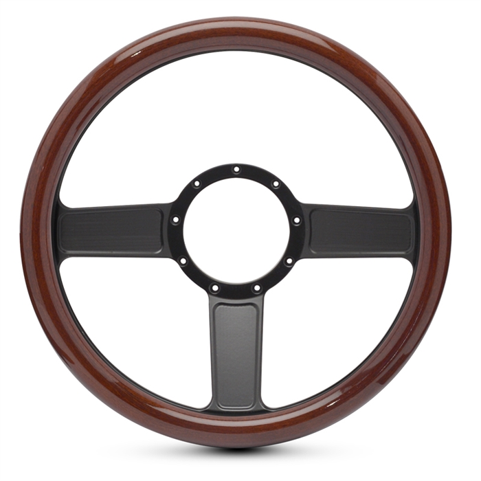 Linear Billet Steering Wheel 13-1/2" Matte Black Spokes/Woodgrain Grip