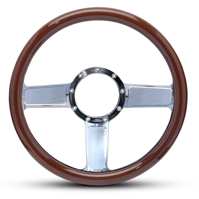 Linear Billet Steering Wheel 13-1/2" Polished Spokes/Woodgrain Grip