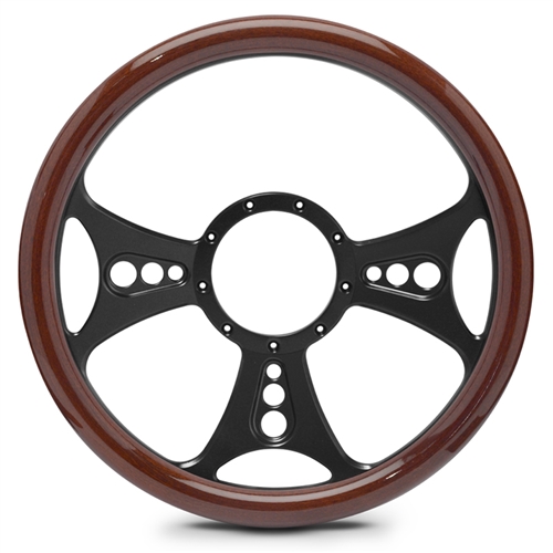 Reaper Billet Steering Wheel 13-1/2" Matte Black Spokes/Woodgrain Grip