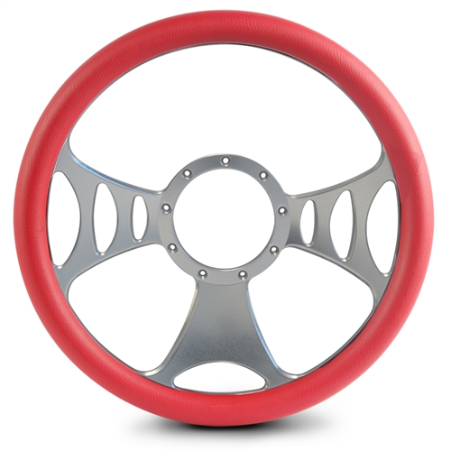 Raptor Billet Steering Wheel 13-1/2" Clear Anodized Spokes/Red Grip