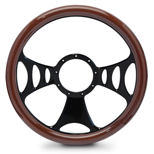 Raptor Billet Steering Wheel 13-1/2" Gloss Black Spokes/Woodgrain Grip