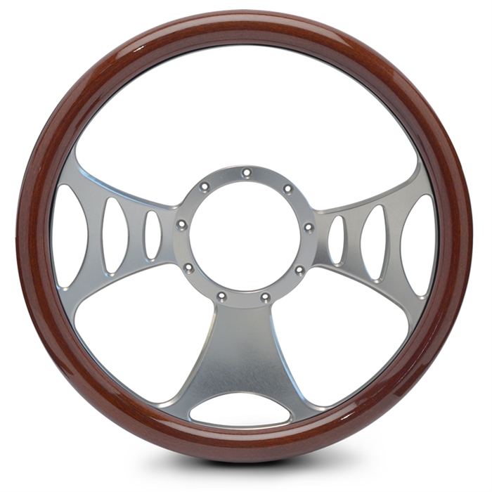 Raptor Billet Steering Wheel 13-1/2" Clear Anodized Spokes/Woodgrain Grip
