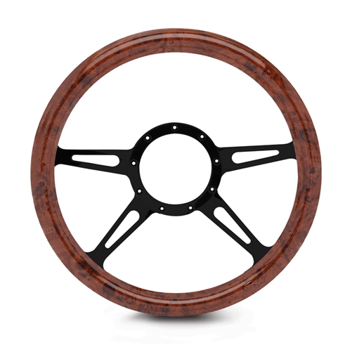 Classic 4 Spoke Billet Steering Wheel 13-1/2" Gloss Black Spokes/Woodgrain Grip