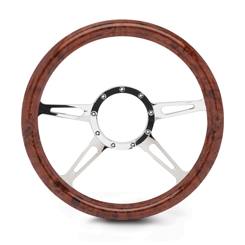 Classic 4 Spoke Billet Steering Wheel 13-1/2" Clear Coat Spokes/Woodgrain Grip