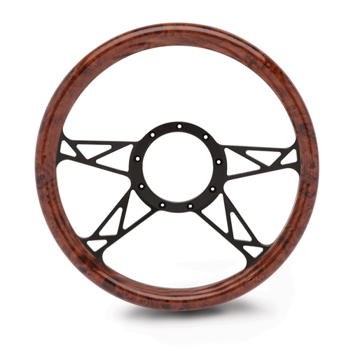 Kinetic 4 Spoke Billet Steering Wheel 13-1/2" Matte Black Spokes/Woodgrain Grip