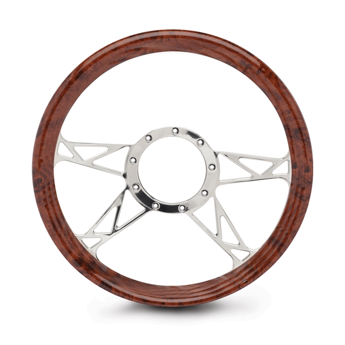Kinetic 4 Spoke Billet Steering Wheel 13-1/2" Polished Spokes/Woodgrain Grip
