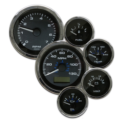 Elite 6 Gauge Kit with GPS Speedo, Universal Fuel Level Gauge Black