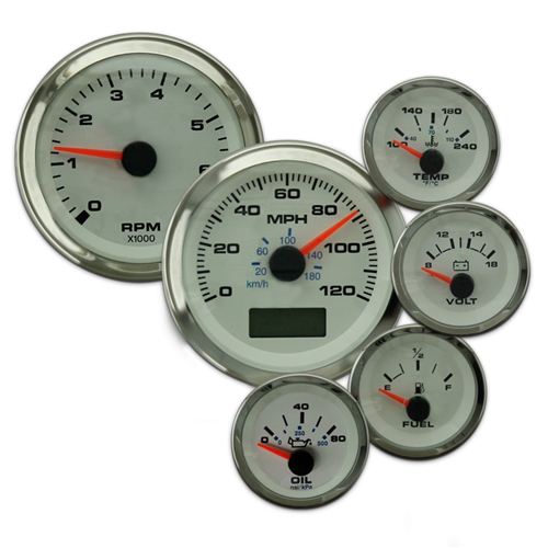 Elite 6 Gauge Kit with GPS Speedo, Universal Fuel Level Gauge White