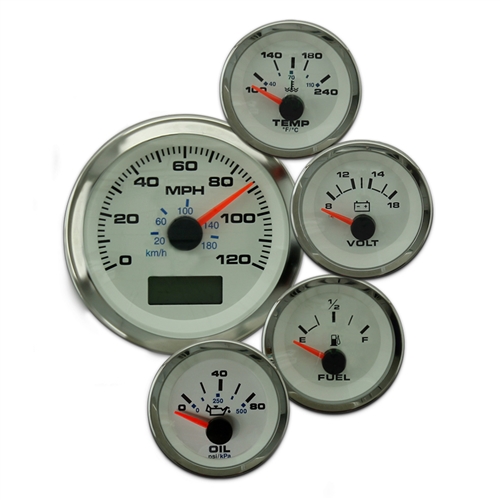 Elite 5 Gauge Kit with GPS Speedo, Universal Fuel Level Gauge White