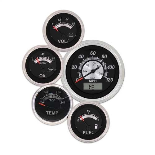 Elite 5 Gauge Kit with GPS Speedo, Chevy Fuel Level Gauge Vintage Black