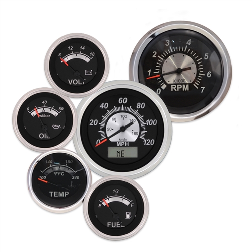 Elite 6 Gauge Kit with GPS Speedo, Ford Fuel Level Gauge Vintage Black