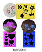 3 in 1 Stencil Kit This 3 in 1 stencil kit includes 3 stencils: Stars, Flowers and Hearts as well as 1 applicator.