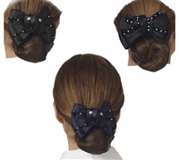 Ovation Show Bow This satin and velvet textured bow features a strong hair clip and net pouch to keep your hair neat and tidy for the show ring. Adding some flair with elegant crystals creating a classic yet modern look.