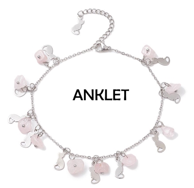 Stainless Steel Rose Quartz leaf detail Anklet