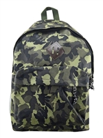 GREEN CAMOUFLAGE PRINT ADULTS, TEENAGE AND OLDER CHILD BACKPACK. MAIN COMPARTMENT, FRONT POCKET WITH TWIN ZIP CLOSURE, PADDED BACK AND ADJUSTABLE STRAPS