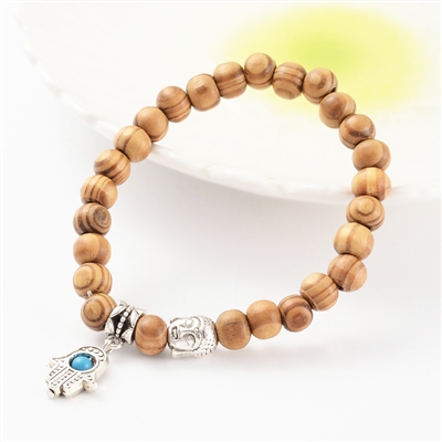 Wooden Bead Bracelet with Hand of Hamsa