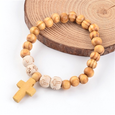 Wooden Bead Bracelet with Cross