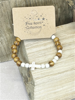 Wooden Bead Bracelet with Cross