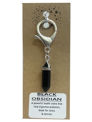 Natural stone black obsidian keyring on natural brown card, wholesale Fat Giraffe, wholesale jewellery