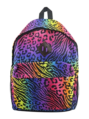 MULTI CHEETAH ANIMAL PRINT ADULTS, TEENAGE AND OLDER CHILD BACKPACK. MAIN COMPARTMENT, FRONT POCKET WITH TWIN ZIP CLOSURE, PADDED BACK AND ADJUSTABLE STRAPS