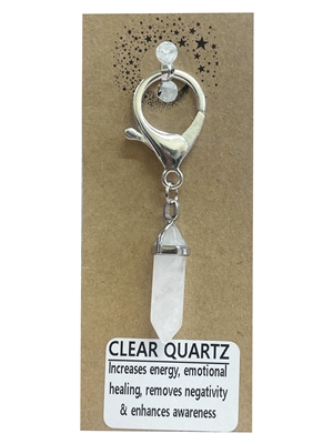 Natural stone clear quartz keyring on natural brown card, wholesale Fat Giraffe, wholesale jewellery