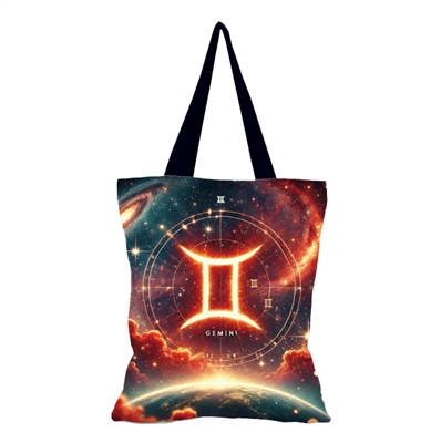 Orange and black Galactic style star sign tote bag Gemini