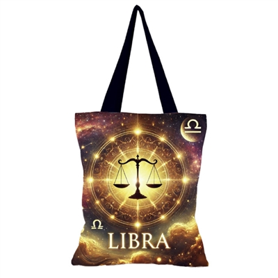 Yellow and black Galactic style star sign tote bag Libra