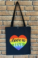 Black background Love is Love tote shopping bag part of our Pride Collection