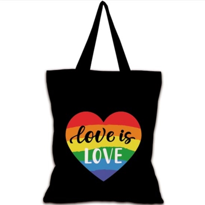 Black background Love is Love tote shopping bag part of our Pride Collection