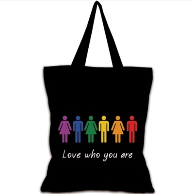 Black background Love who you are tote shopping bag part of our Pride Collection