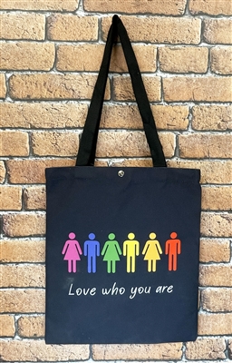 Black background Love who you are tote shopping bag part of our Pride Collection