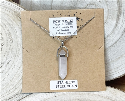 Rose Quartz Bullet necklace on stainless steel Chain wholesale from Fat Giraffe