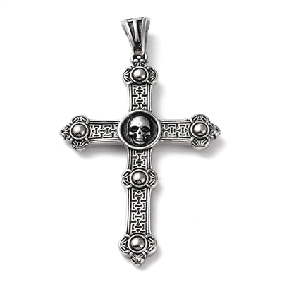 stainless steel cross skull pendant on a stainless steel chain