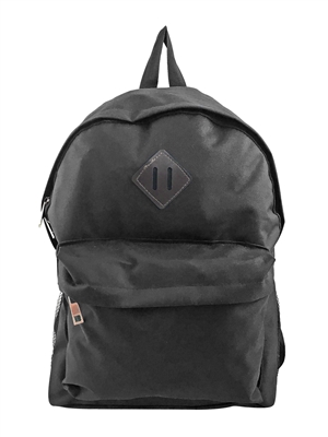 PLAIN PRINT ADULTS, TEENAGE AND OLDER CHILD BACKPACK IN BLACK OR NAVY. MAIN COMPARTMENT, FRONT POCKET WITH TWIN ZIP CLOSURE, PADDED BACK AND ADJUSTABLE STRAPS