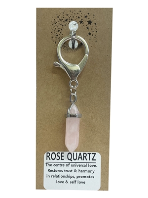Natural stone rose quartz keyring on natural brown card, wholesale Fat Giraffe, wholesale jewellery