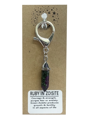 Natural stone ruby in zoisite keyring on natural brown card, wholesale Fat Giraffe, wholesale jewellery