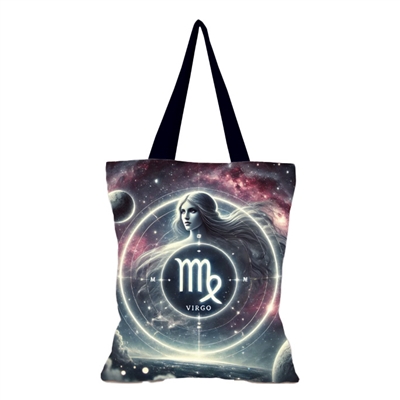 Grey and black Galactic style star sign tote bag Virgo