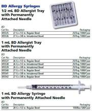 BD Allergist Tray, &#189;mL w/ Perm Attach Needle, 27 G x &#189;", Regular Bevel. MFID: 305535