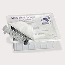 BD Syringe, 30mL w/ luer-Lok tip, Sterile Convenience Pak Tray, Latex Free (LF). MFID: 305618