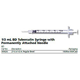 BD Tuberculin Syringe, &#189;mL w/ permanently attached needle, 27 G x &#189;", Regular Bevel. MFID: 305620