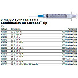 BD Syringe/Needle Combination, 3mL w/ luer-Lok tip, 21 G x 1&#189;", 100/box, 8 box/case. MFID: 309577