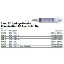 BD Syringe/Needle Combination, 5mL w/ luer-Lok tip, 21 G x 1", 100/box, 4 box/case. MFID: 309632