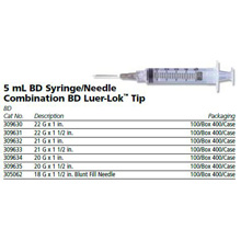 BD Syringe/Needle Combination, 5mL w/ luer-Lok tip, 21 G x 1&#189;", 100/box, 4 box/case. MFID: 309633